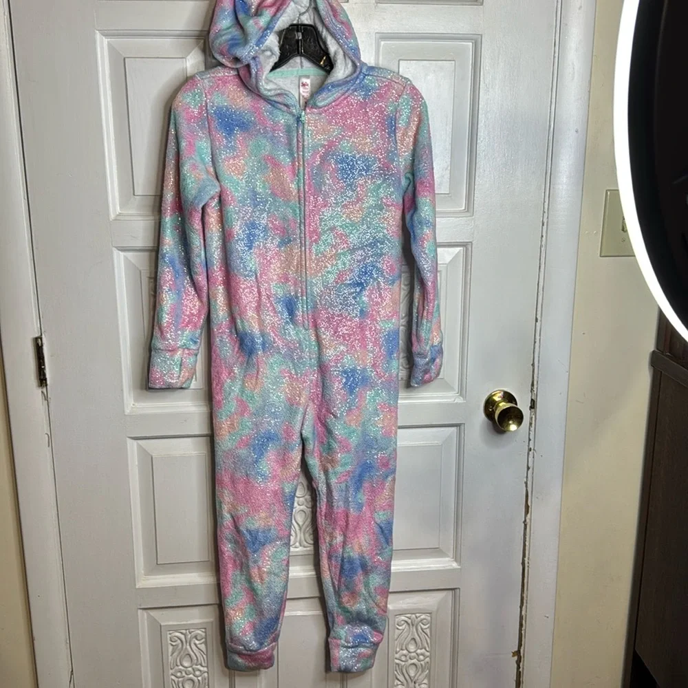 Justice Girls Tie Dye Sparkly Dragon Hooded Pajamas With Removable Tail 8